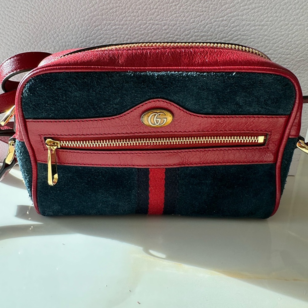 Gucci Ophidia Mini Crossbody Camera Bag in Blue Suede with Red Leather
